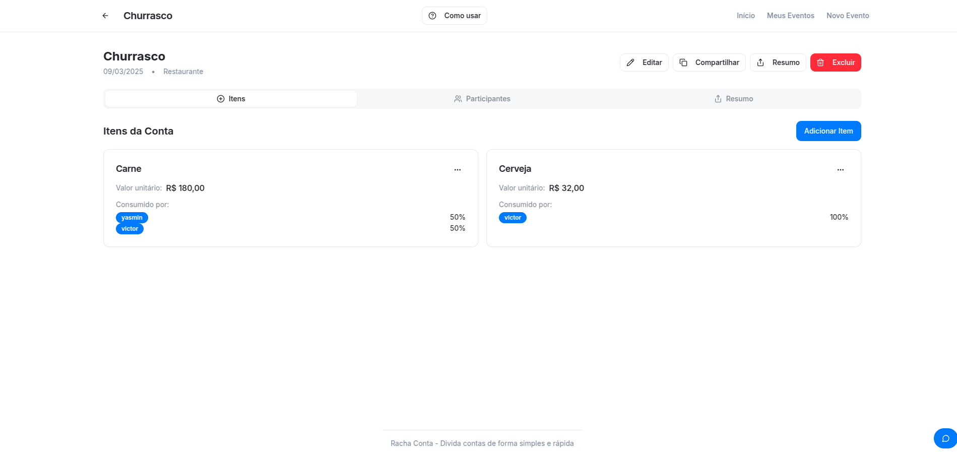 Interface do aplicativo Racha Conta